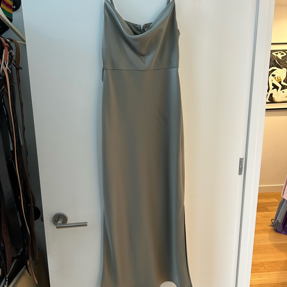 BHLDN CALI SATIN COWL-NECK MIDI SLIP DRESS in MOSS